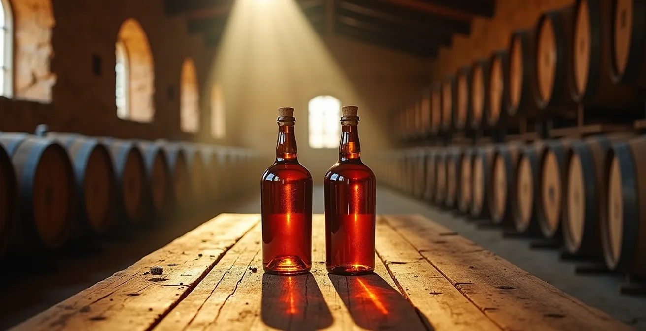 Armagnac-Flaschen in rustikaler Destillerie-Umgebung