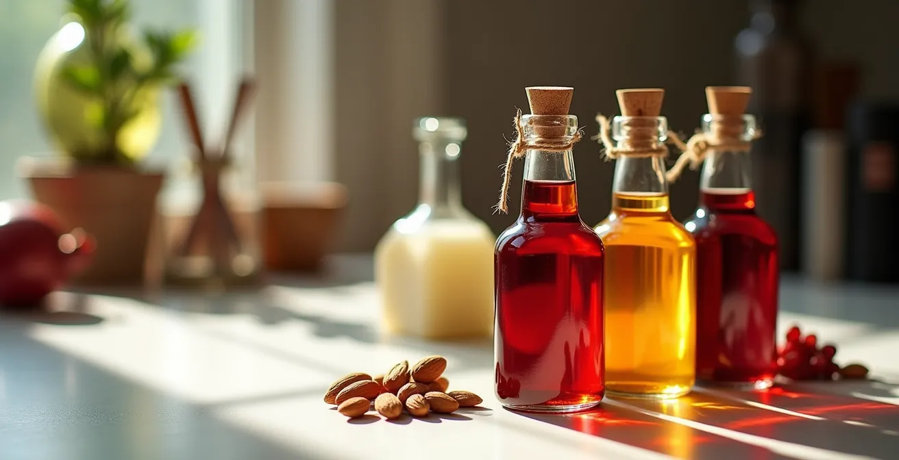 Minimalistische Barszene mit handgefertigten Sirupflaschen in warmem Licht