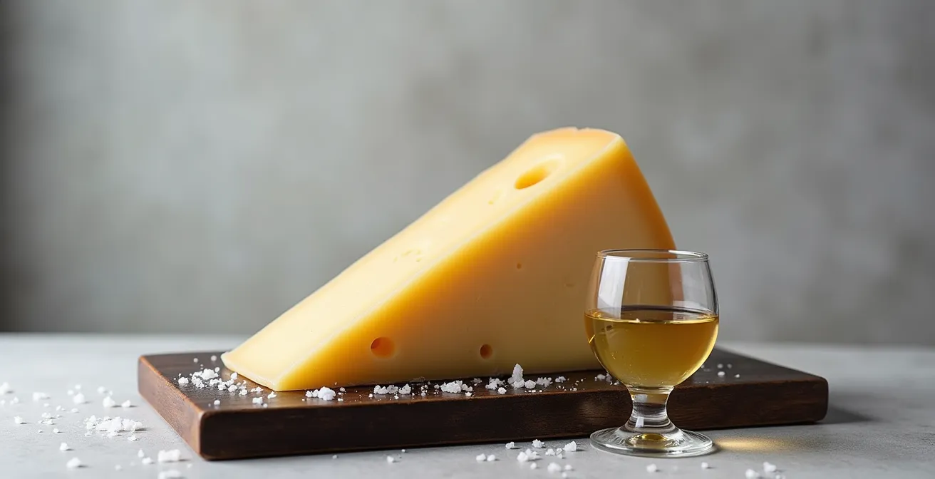 Angeschnittener Bergkäse mit Salzkristallen neben einem Glas mit goldenem Süßwein