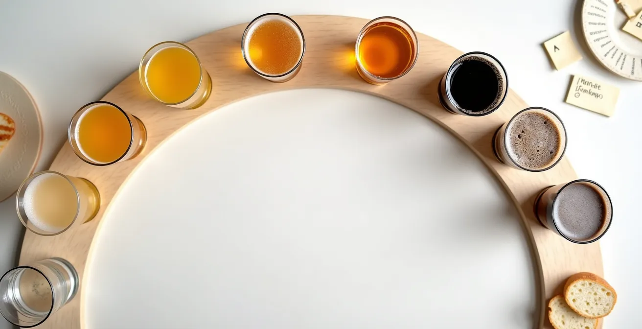 Professionelle Bierverkostung Vorbereitung mit verschiedenen Gläsern und Verkostungsbogen