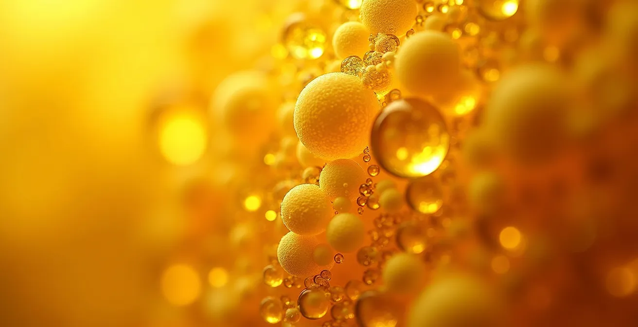 Makroaufnahme von Hefezellen und Hopfenölen in goldener Bierwürze