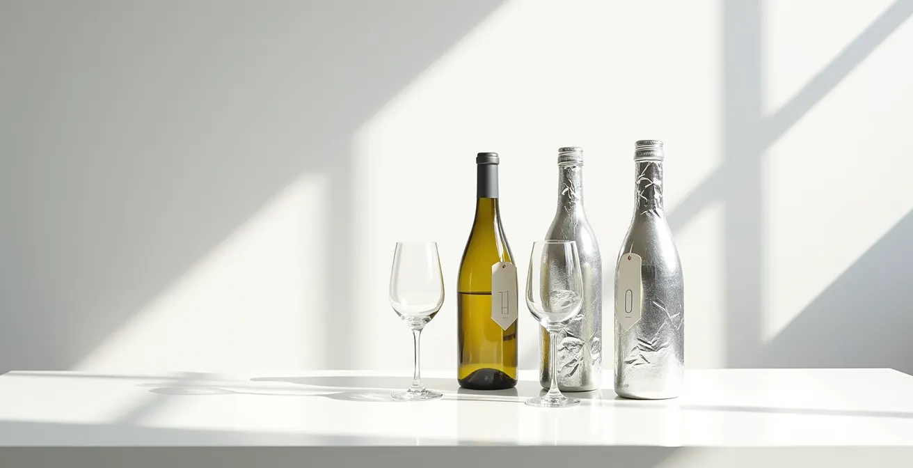 Weinflaschen in Alufolie gewickelt mit Nummern, daneben leere Weingläser auf weißem Tisch