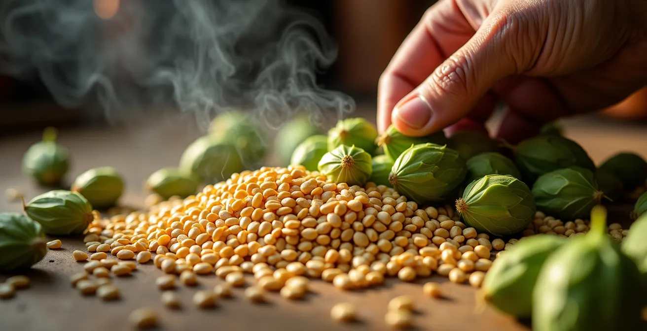Traditioneller Brauer bei der Arbeit mit Hopfen und Malz