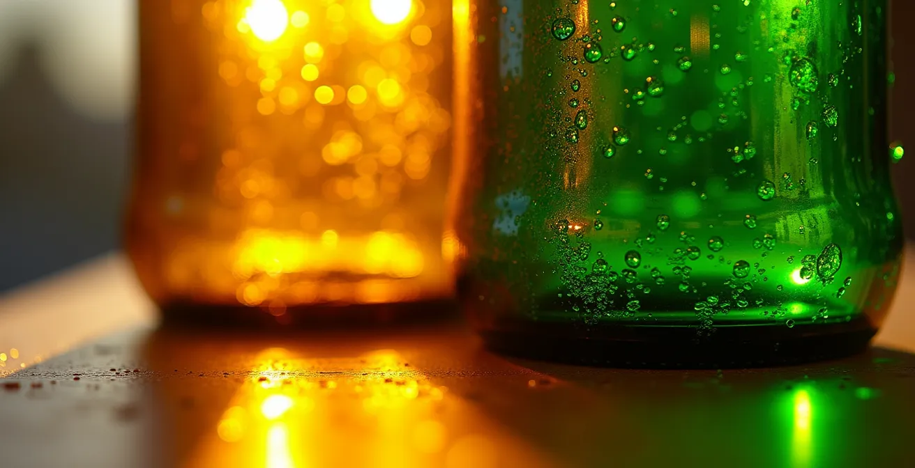 Vergleich brauner und grüner Bierflaschen unter Sonnenlicht zeigt UV-Schutz