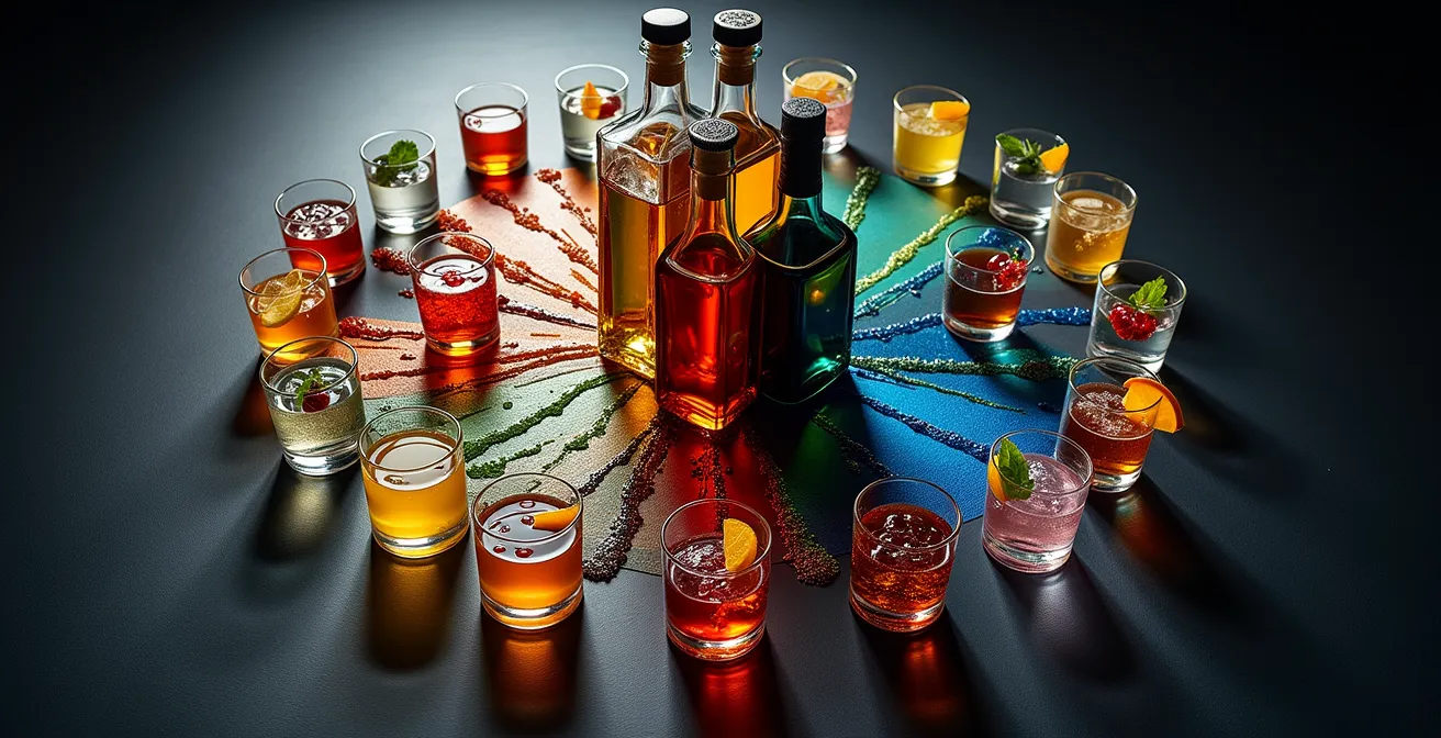 Infografik zeigt Verbindungen zwischen 3 Basis-Spirituosen und 15 verschiedenen Cocktails