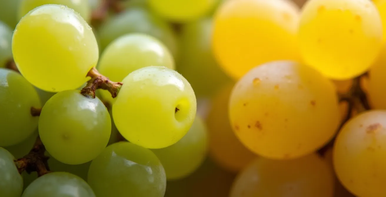 Makroaufnahme von Elbling- und Rieslingtrauben nebeneinander, die die unterschiedliche Form und Haut der Beeren zeigt