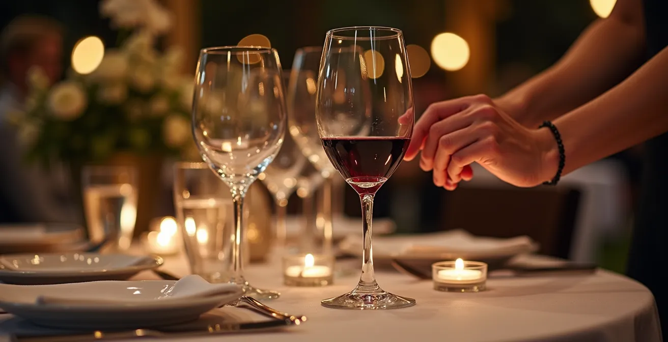 Elegant gedeckter Tisch mit optimal arrangierten Weingläsern nach der Plus-Eins-Regel für ein Drei-Gänge-Menü