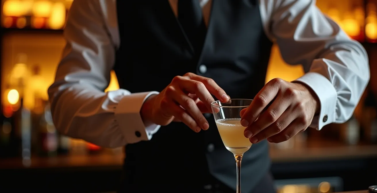 Barkeeper in klassischer Weste beim professionellen Cocktail-Service