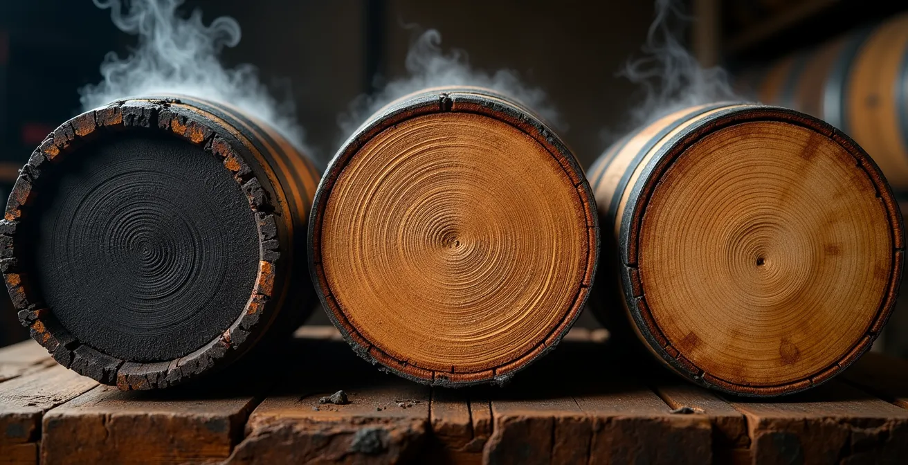 Querschnitt verschiedener Fasstypen, der die unterschiedlichen Holzkohleschichten von stark ausgebrannt bis leicht getoastet zeigt