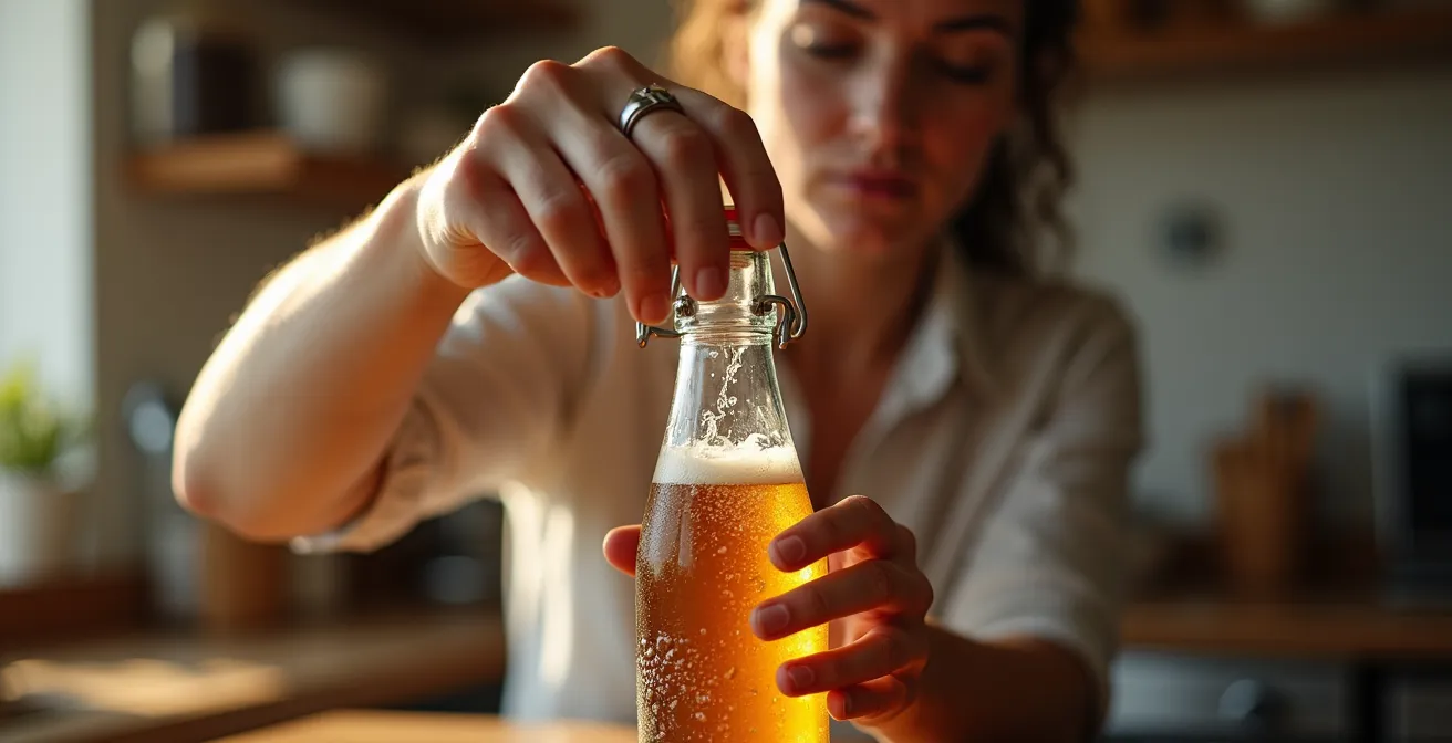 Nahaufnahme von aufsteigenden Kohlensäureperlen in einer Glasflasche mit fermentierter Limonade, was die natürliche Karbonisierung zeigt.