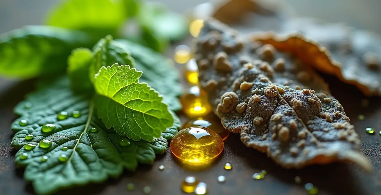 Vergleich zwischen frischen und getrockneten Minzblättern mit sichtbaren ätherischen Ölen