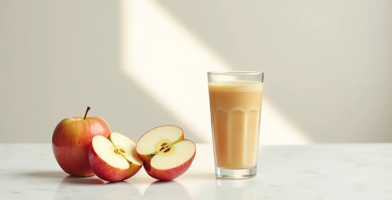 Ein ganzer Apfel neben einem Glas Smoothie, um den Unterschied in der Faserstruktur und der Bioverfügbarkeit von Fructose zu zeigen.