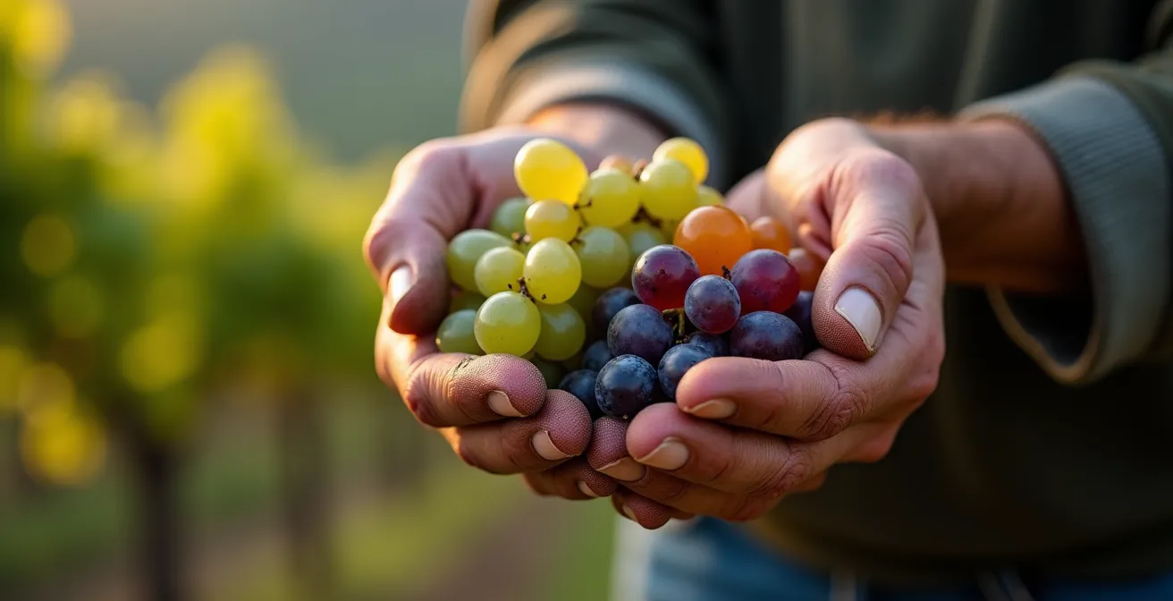 Historischer fränkischer Weinberg mit verschiedenen Rebsorten nebeneinander, die die Vielfalt des Gemischten Satzes zeigen