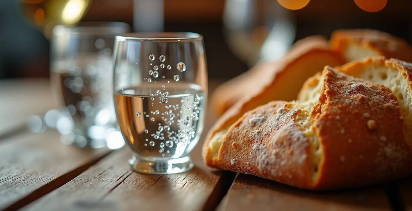 Nahaufnahme eines Wasserglases und frischem Brot auf einem Holztisch, als Symbol für die Gaumenreinigung zwischen Weinproben.