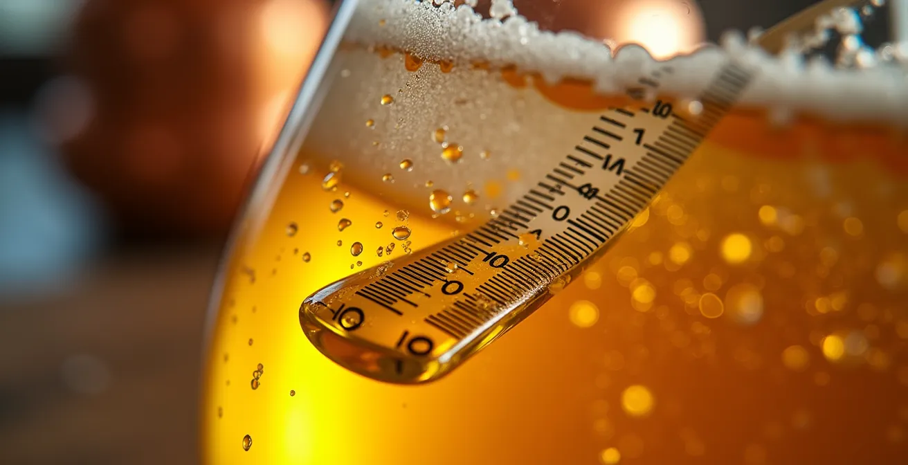 Nahaufnahme einer Bierspindel in goldener Würze mit Messskala