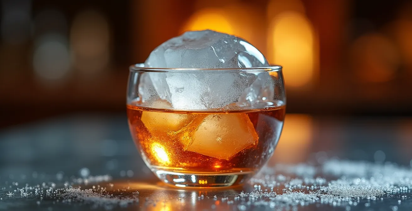 Nahaufnahme von kristallklaren handgeschnitzten Eisblöcken in einem Cocktailglas