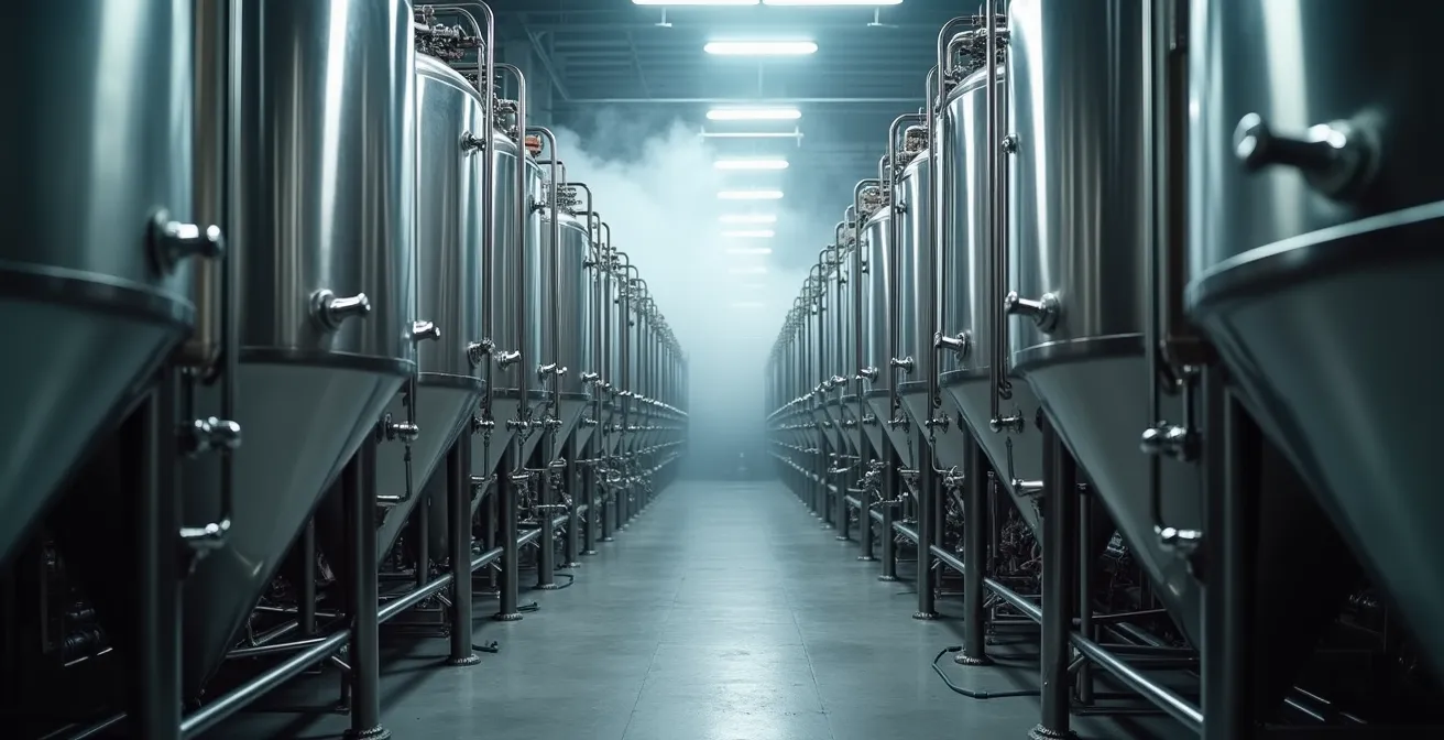 Industrielle Brauanlage mit Edelstahltanks und Rohrleitungen in weiter Perspektive