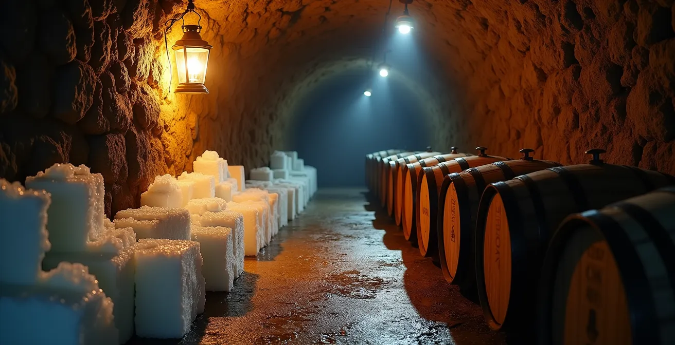 Historischer bayerischer Lagerkeller mit Eisblöcken und Holzfässern, die die Lagerbedingungen vor der Kältetechnik zeigen