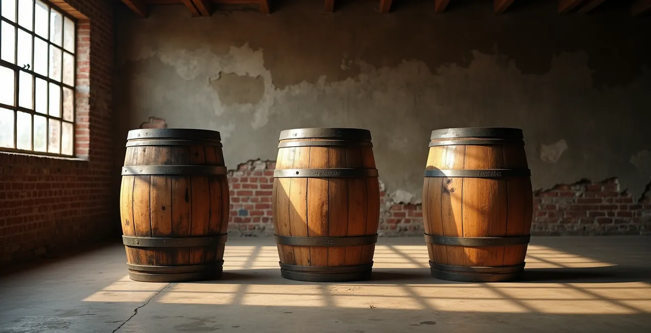 Historische Darstellung der drei Rum-Stilrichtungen mit traditionellen Fässern
