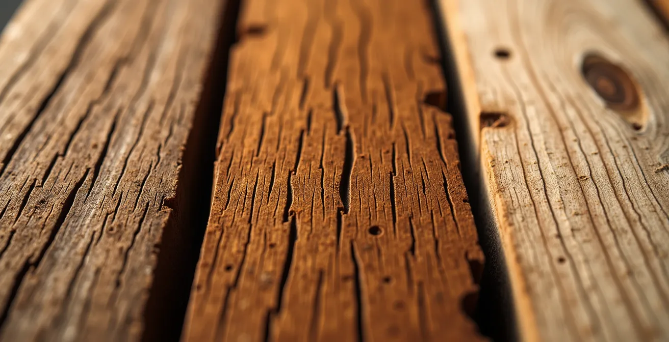 Makroaufnahme verschiedener Eichenholz-Texturen mit sichtbaren Poren und Tanninstrukturen