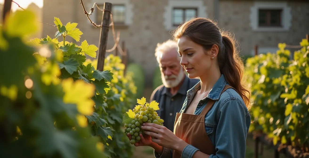 Junge Winzerin bei der Arbeit im biologischen Weinberg