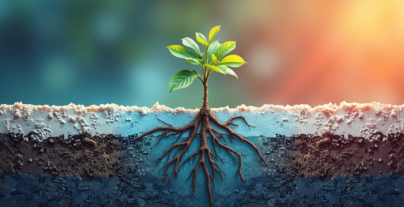 Weinrebenwurzeln durchdringen weißen Kalkboden im Querschnitt