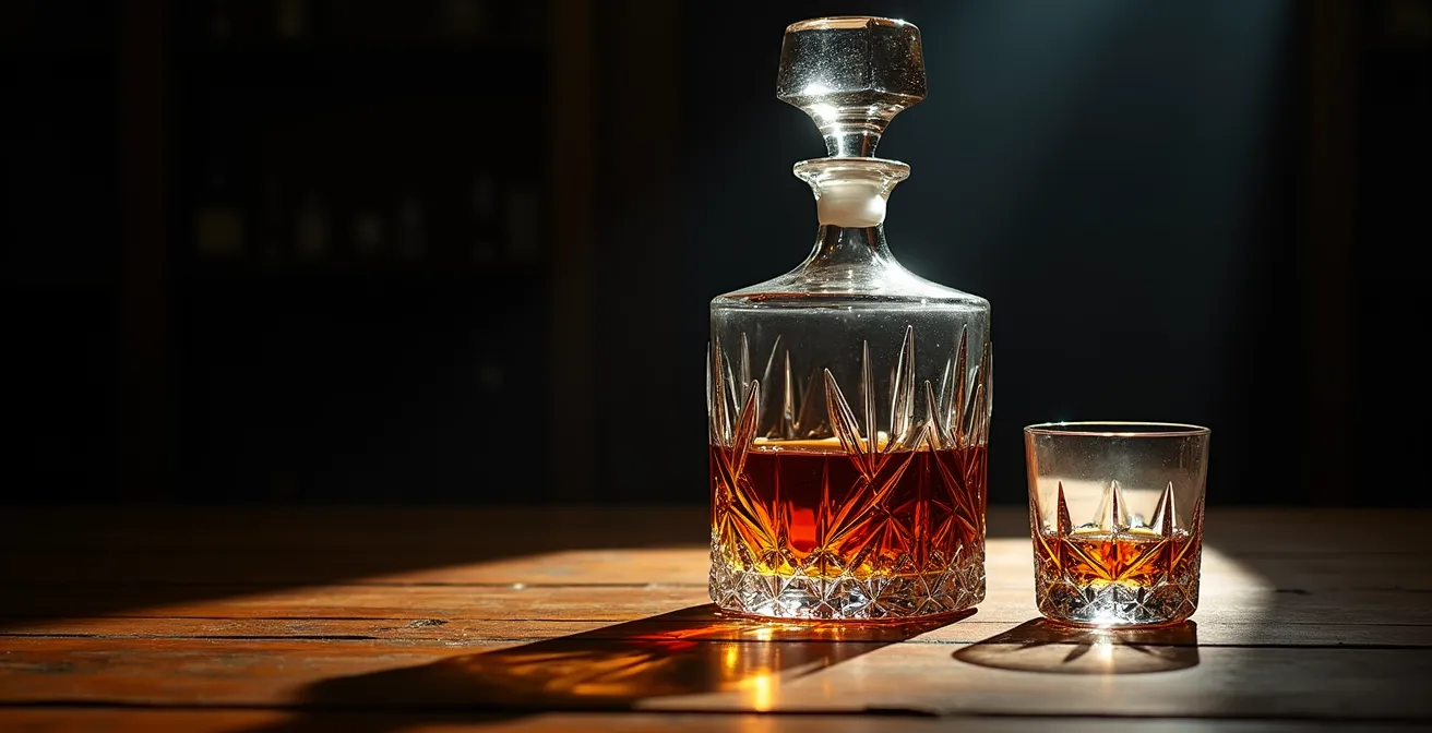 Elegante bleifreie Kristallkaraffe mit Cognac auf dunklem Holztisch mit atmosphärischer Beleuchtung