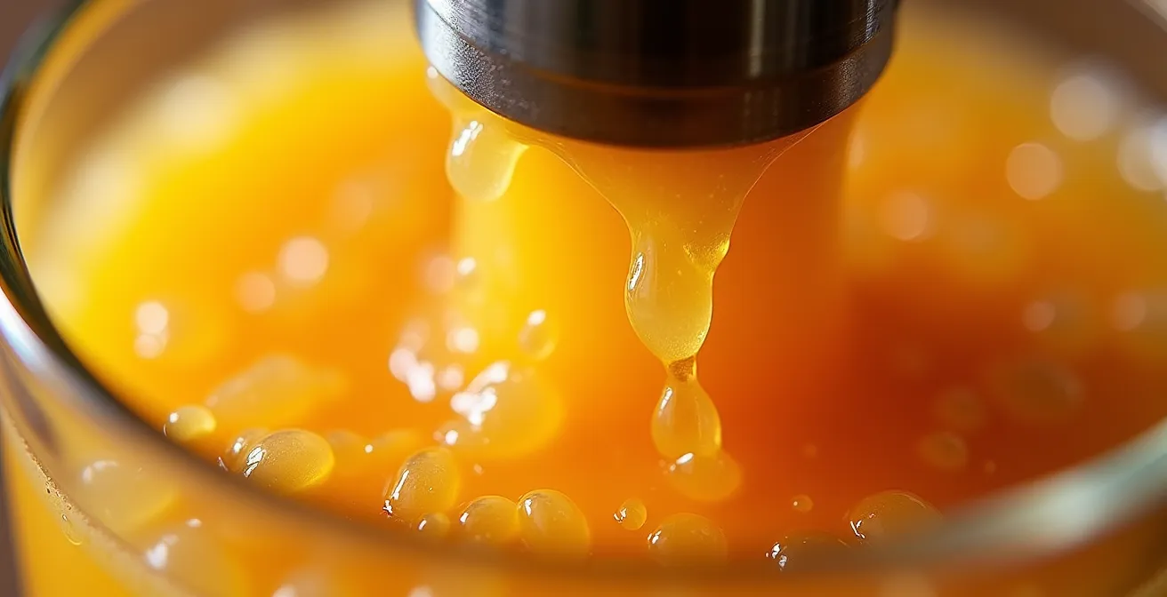 Nahaufnahme einer langsamen Saftpresse mit frischen Orangen, die den schonenden Prozess der Vitaminerhaltung visualisiert