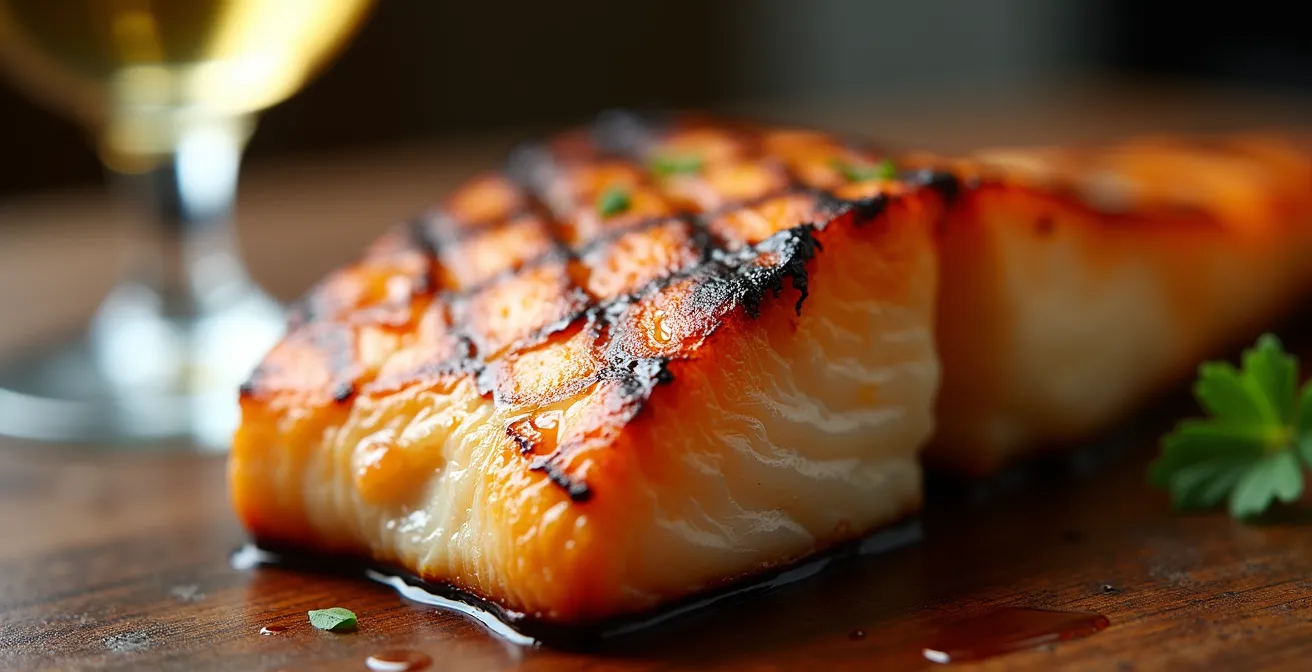 Nahaufnahme von gegrilltem Fisch mit goldenen Röstaromen neben einem Weinglas mit Chardonnay