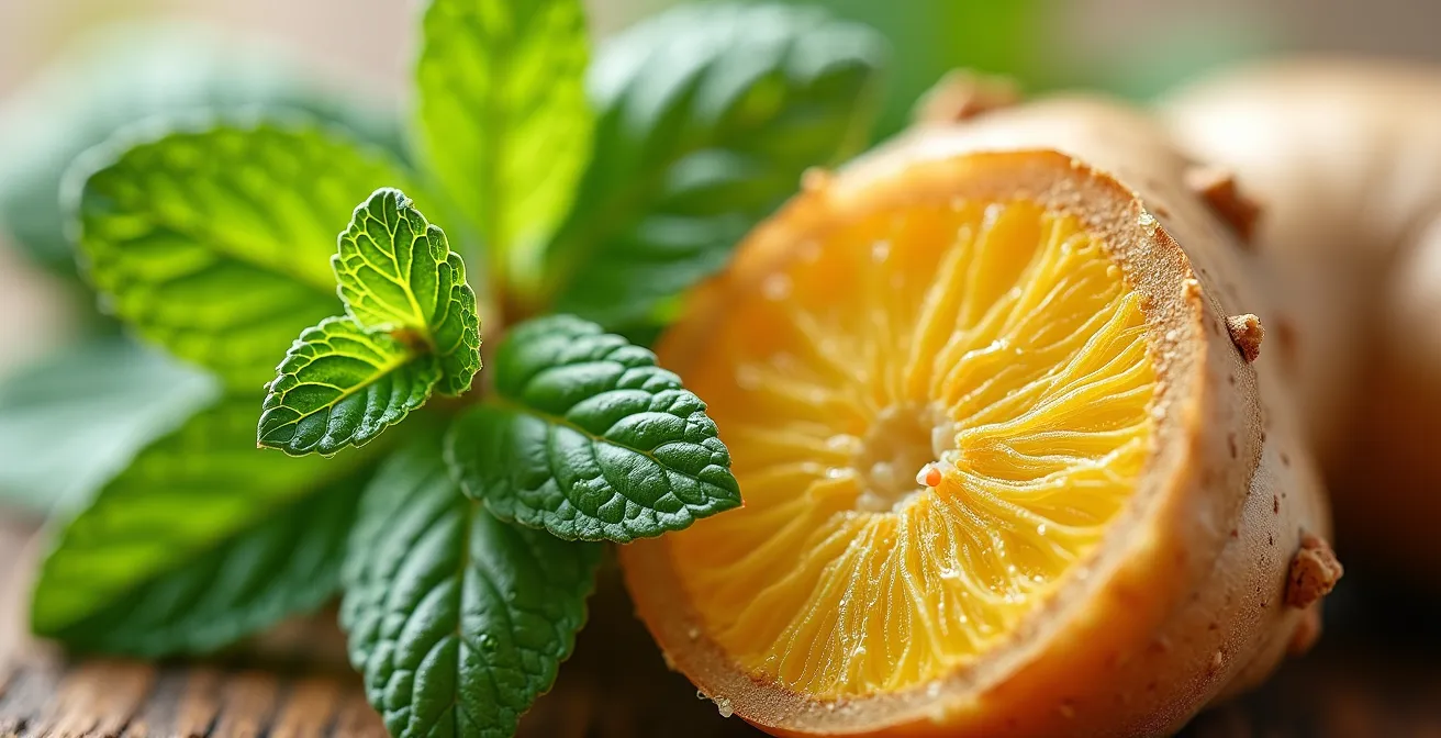 Extreme Nahaufnahme von frischen Minzblättern neben geschnittener Ingwerwurzel zeigt Texturkontrast