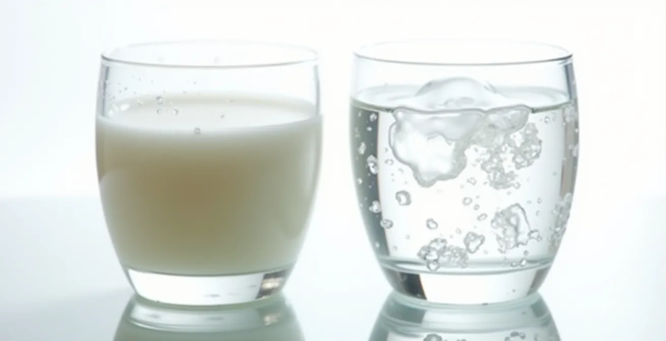 Milchklärungsprozess zeigt Transformation von trüb zu kristallklar