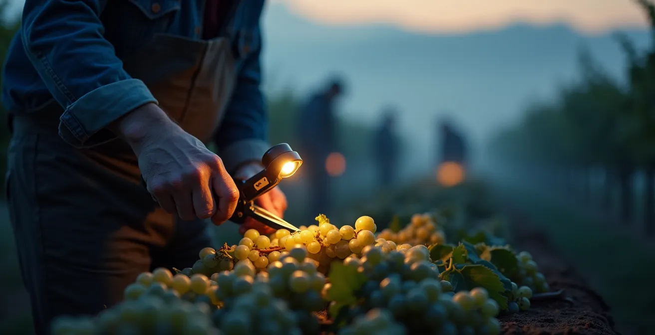 Nächtliche Weinlese mit Stirnlampen in deutschen Weinbergen, um die Frische der Trauben zu bewahren.