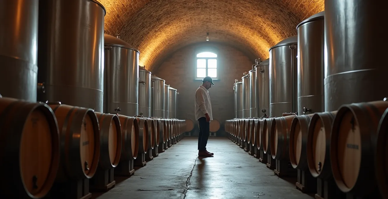 Winzer bei der Arbeit im traditionellen deutschen Weinkeller mit modernen Hygienemethoden