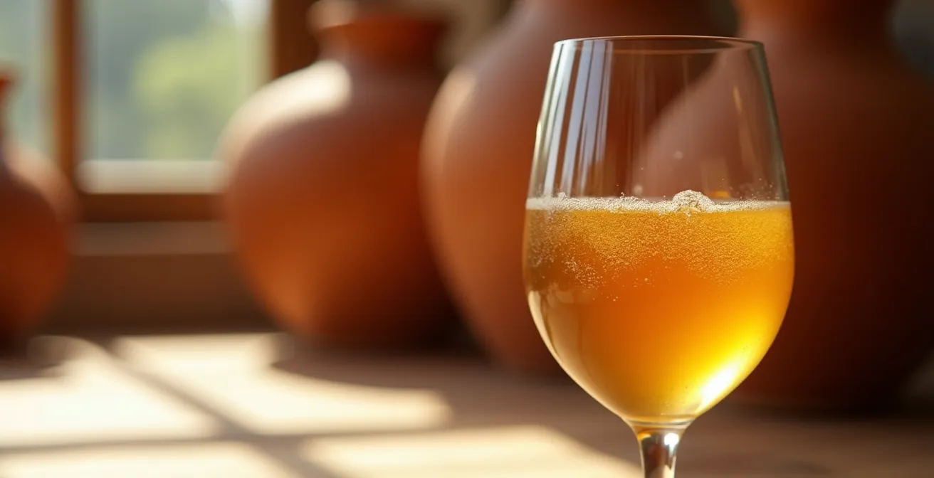 Nahaufnahme eines Orange Wines in einem Glas mit bernsteinfarbener, leicht trüber Textur