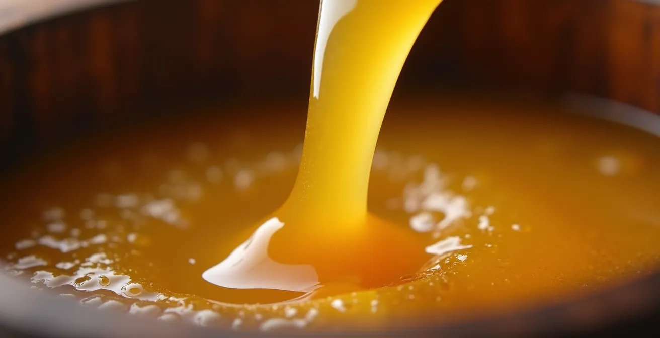 Detailaufnahme von frisch gepresstem Apfelsaft mit golden-bernsteinfarbener Flüssigkeit und sichtbaren Partikeln, die den Oxidationsprozess andeuten.