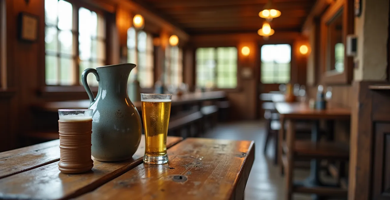 Traditionelle Apfelweinkultur mit einem grau-blauen Bembel und einem Gerippten Glas auf einem rustikalen Holztisch in einer hessischen Wirtschaft.