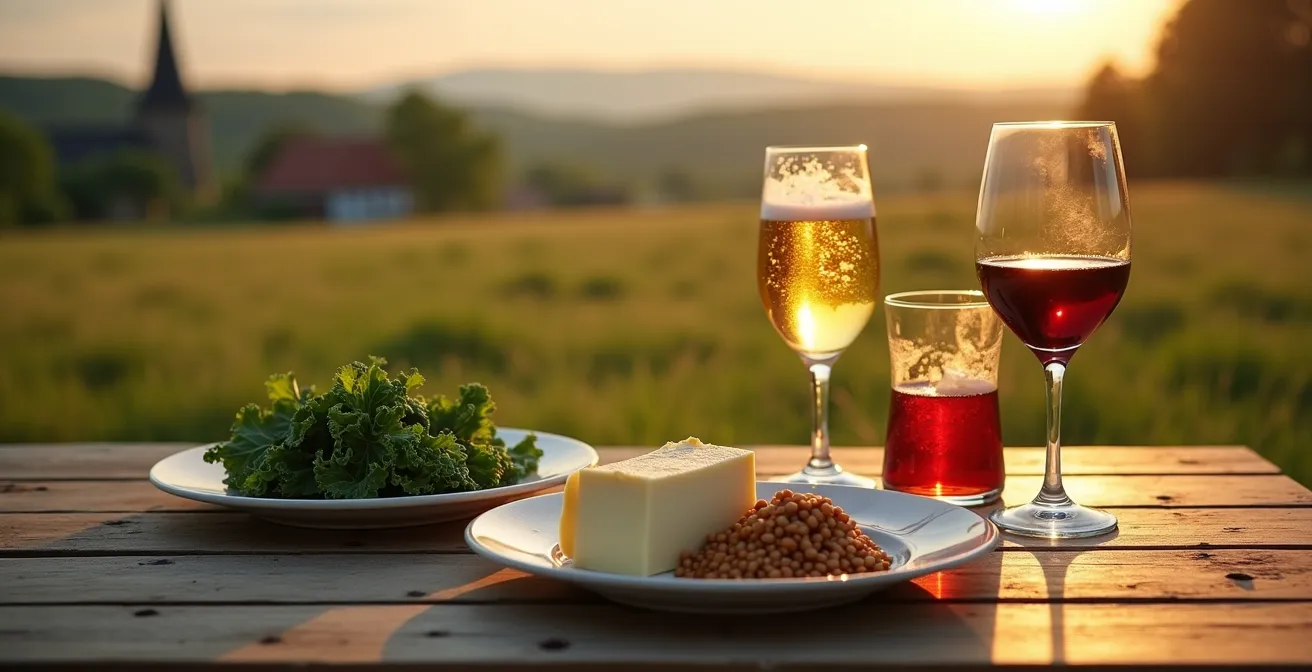 Eine Auswahl deutscher regionaler Spezialitäten und Getränke, die das Prinzip des Terroirs veranschaulichen.