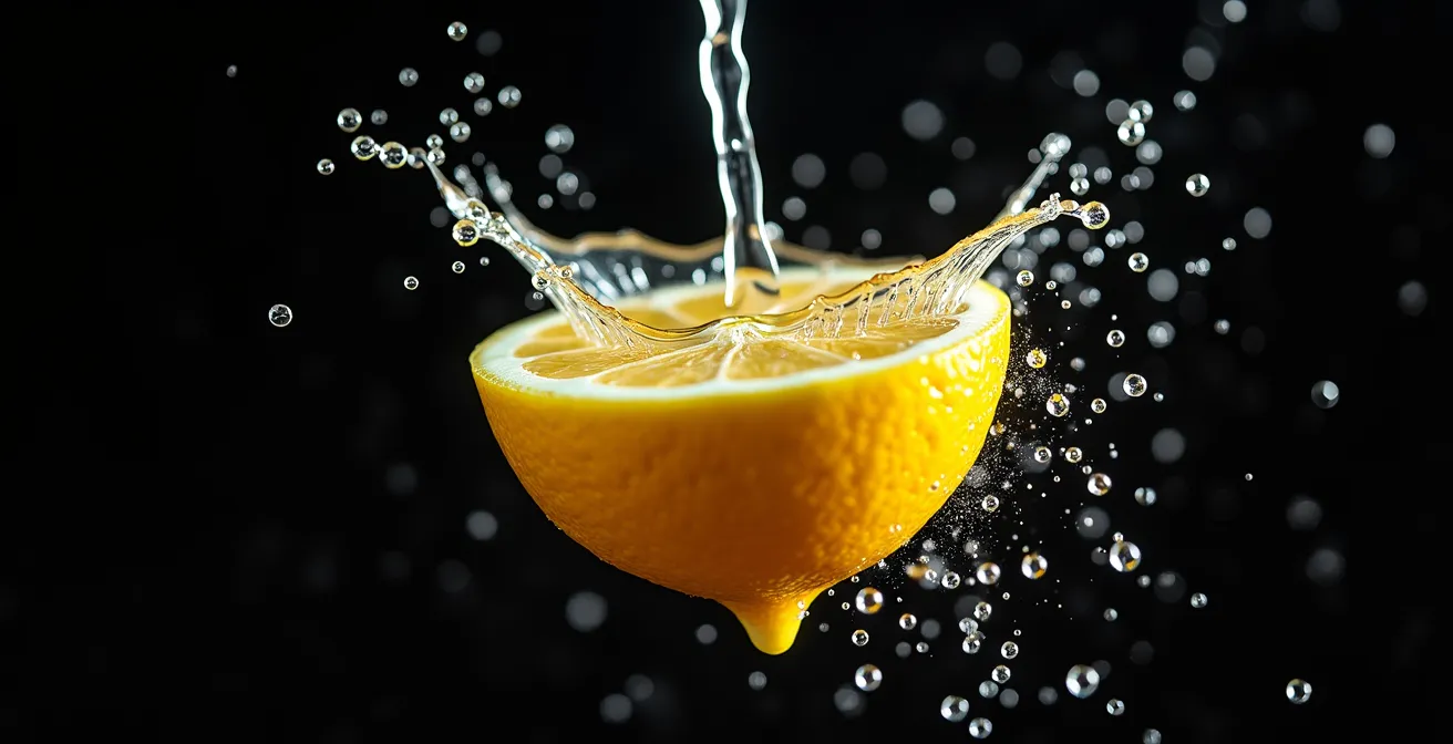 Nahaufnahme von Zitrussaft beim Auspressen mit sichtbaren Säuretröpfchen