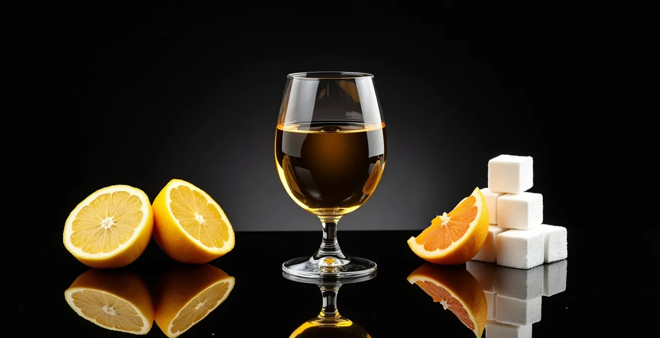 Stillleben mit Weinglas und abstrakten Elementen zur Säure-Zucker-Balance