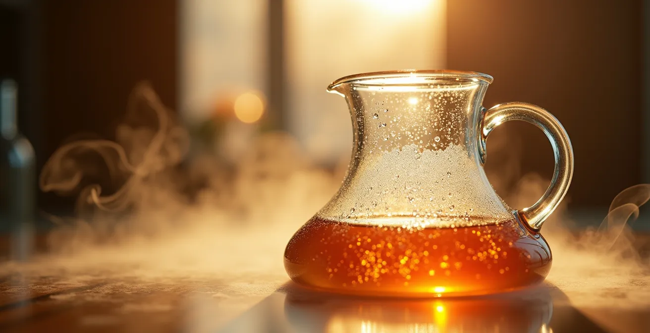 Nahaufnahme eines traditionellen Sake-Erwärmungsprozesses mit einer Glaskaraffe im dampfenden Wasserbad