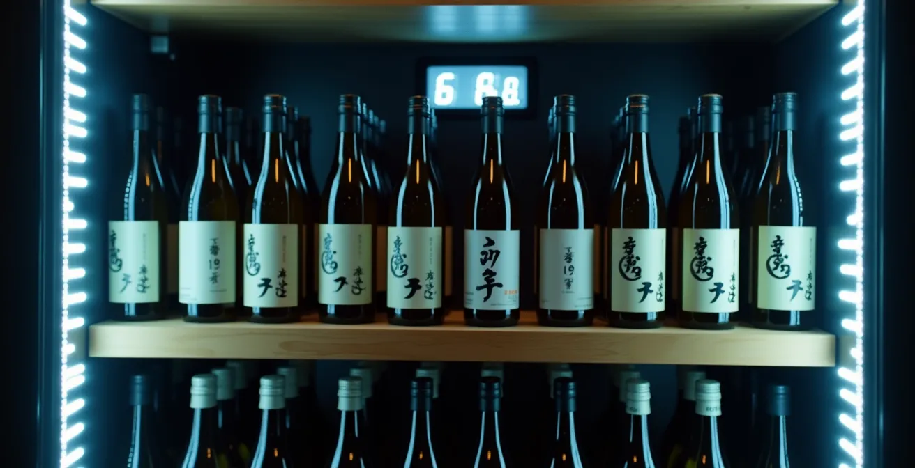 Seitenansicht eines professionellen Weinkühlschranks mit mehreren Sake-Flaschen in verschiedenen Größen, sanft beleuchtet