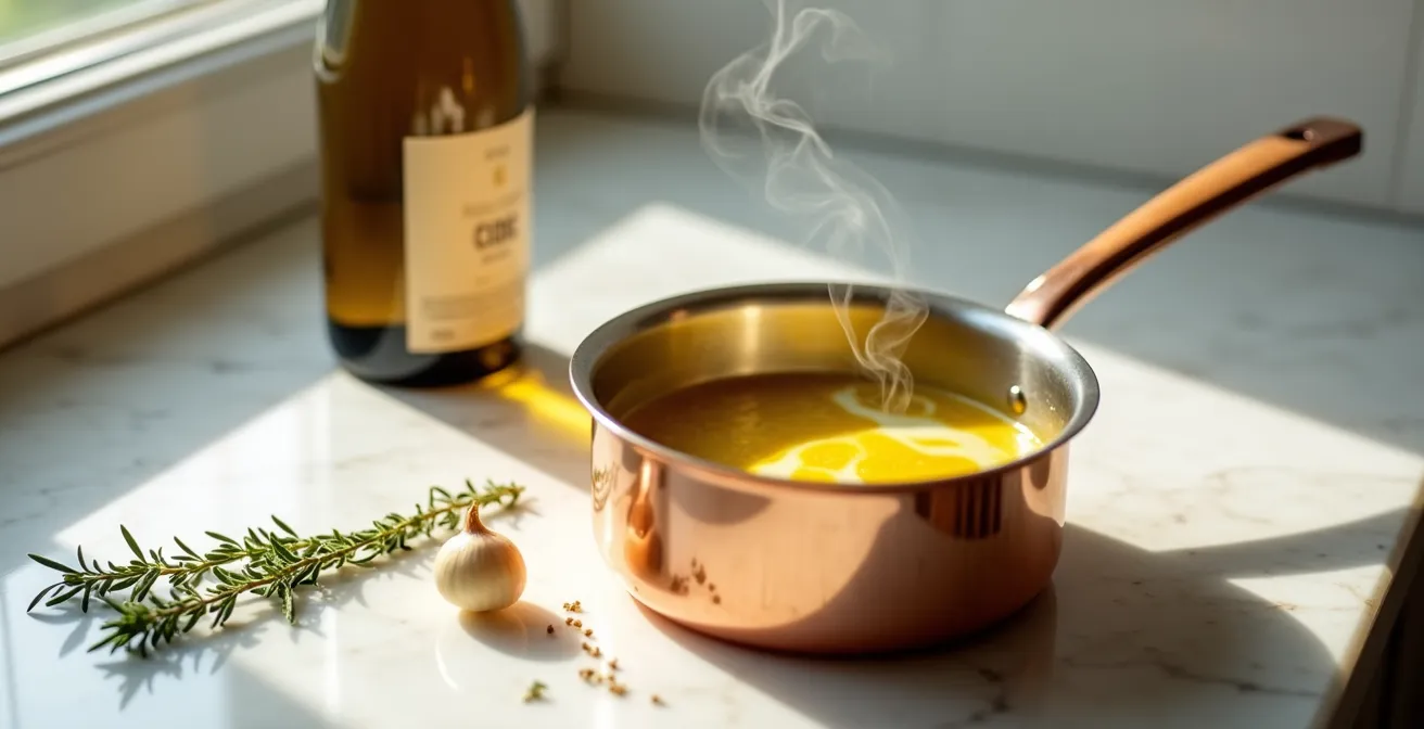 Zubereitung einer Sauce Normande mit Cidre in einer französischen Küche