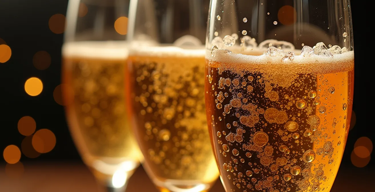 Makroaufnahme der unterschiedlichen Bläschenbildung in Sektgläsern