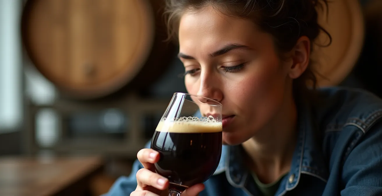 Person bei der Bierverkostung mit konzentriertem Gesichtsausdruck