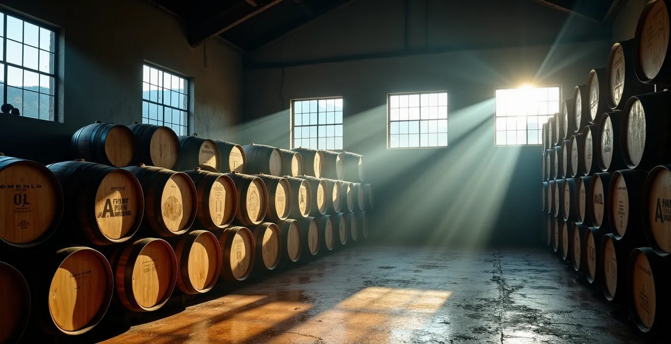 Solera-Fasssystem in guatemaltekischen Höhenlagen mit mehreren übereinander gestapelten Fässern