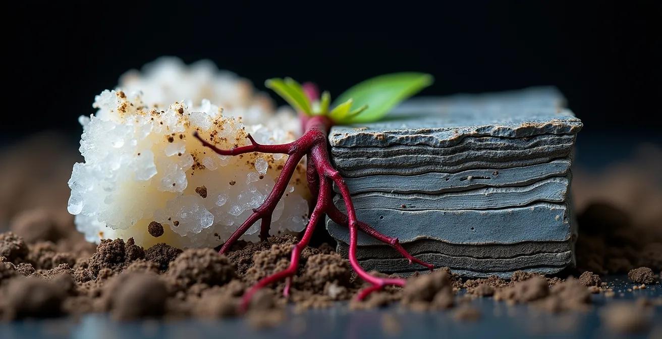 Makroaufnahme von Kalkstein und Schiefer mit Rebwurzeln