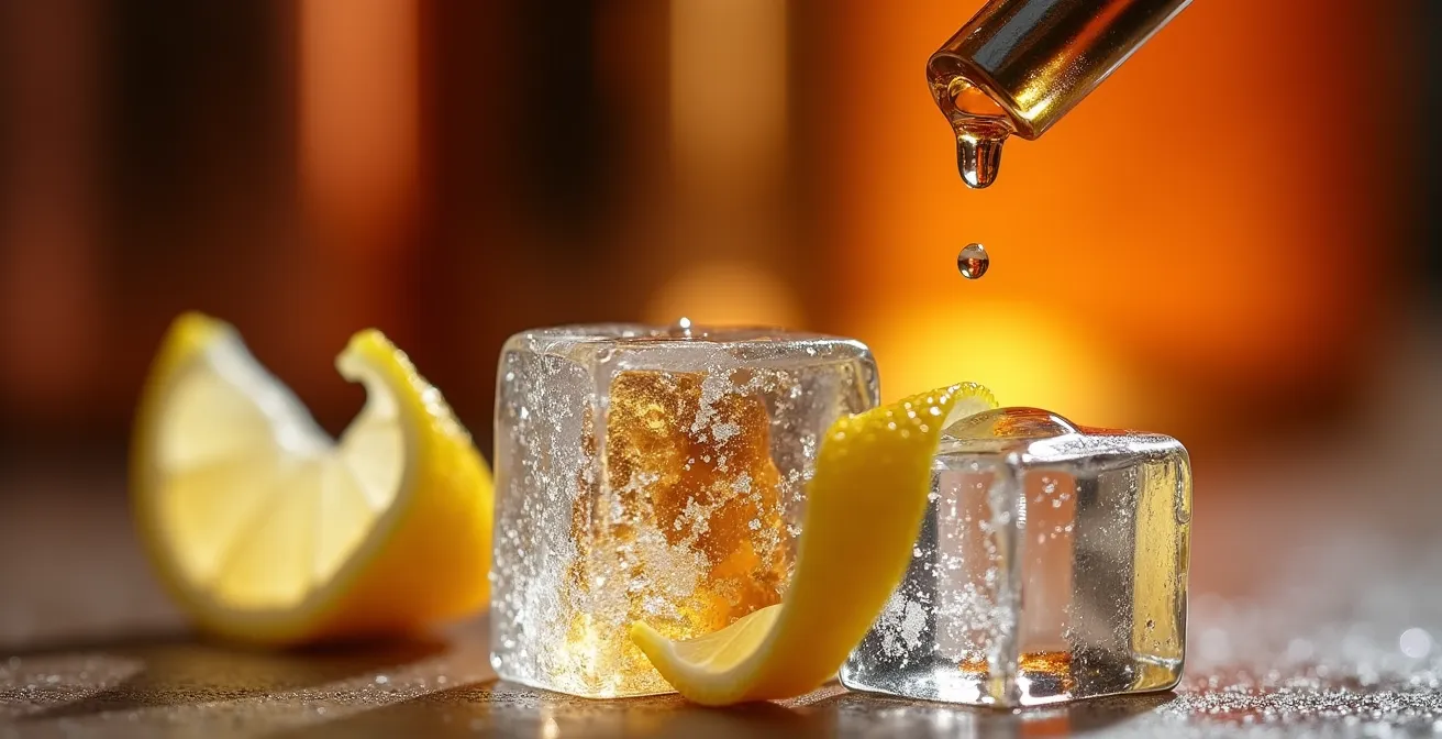 Makroaufnahme zeigt Tropfen hochwertiger Spirituose mit Eiswürfel und Zitronenzeste