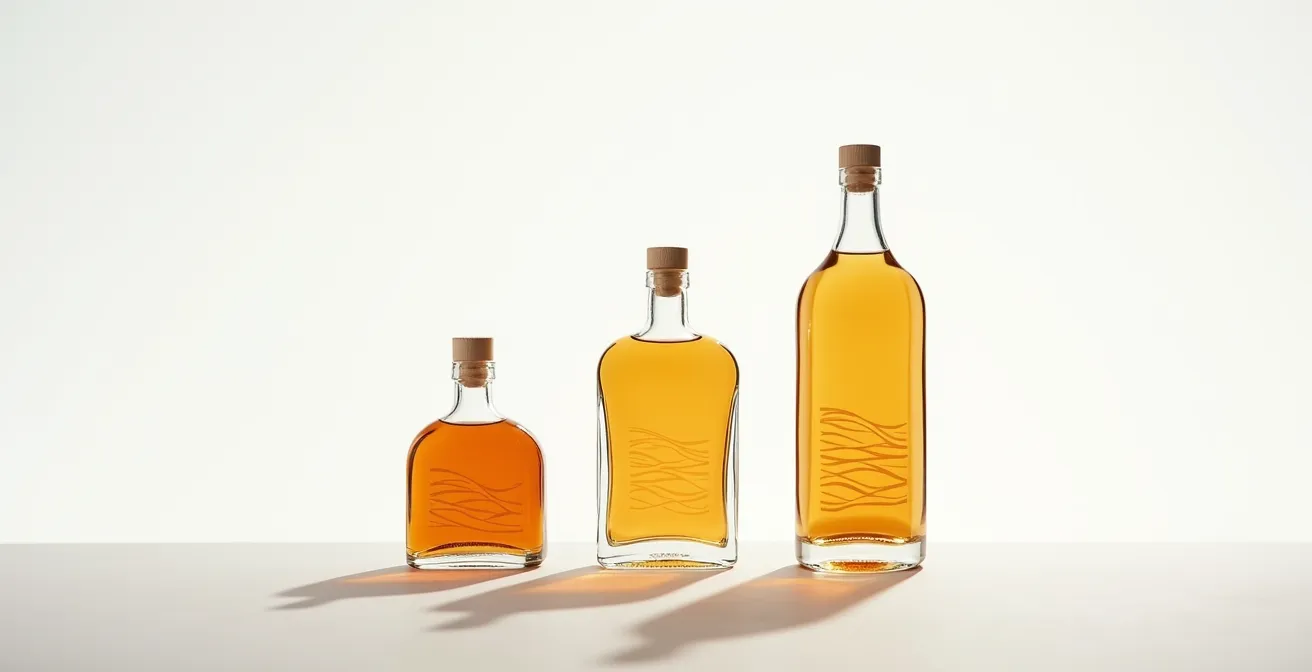 Drei Gin-Flaschen mit unterschiedlichen Füllständen, die symbolisch den zunehmenden Grad der Oxidation durch den Kontakt mit Luft zeigen.