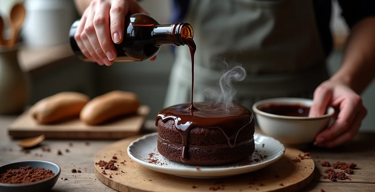 Stout-Schokoladenkuchen mit sichtbarer saftiger Textur und Röstaromen-Synergie