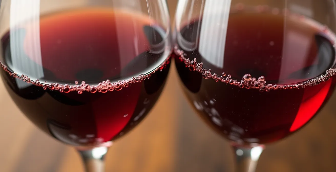 Nahaufnahme zweier Weingläser mit Rotwein zur Veranschaulichung der Tanninentwicklung und Oberflächengröße